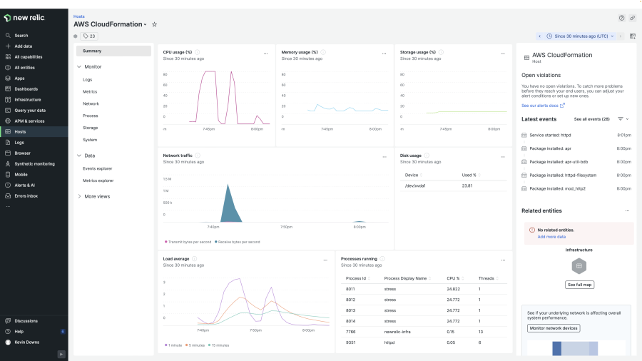 Capture d'écran de la page New Relic Hosts > Summary for AWS CloudFormation