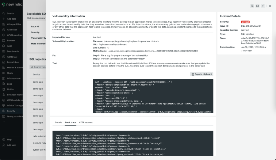 O dashboard mostra informações sobre a vulnerabilidade de injeção SQL.