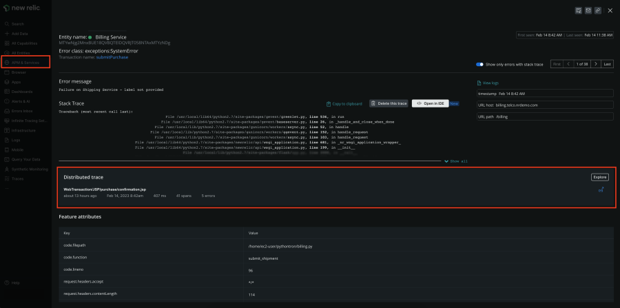 Capture d'écran de New Relic APM & Services avec une section Distributed trace