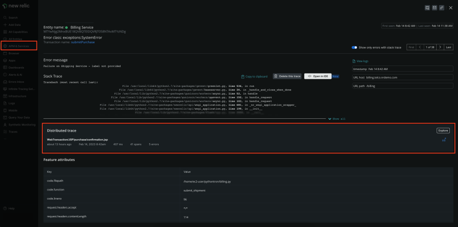 Screenshot of an error in New Relic APM & Services with a Distributed trace section