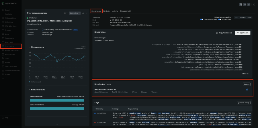 Screenshot mit Errors Inbox, dem Tab „Occurrences“ und einer Distributed Trace