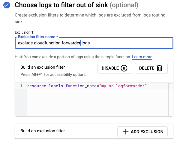 Screenshot of Choose logs to filter out of sink in Google Cloud Logging