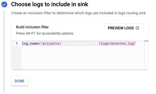 Screenshot of Choose logs to include in sink in Google Cloud Logging