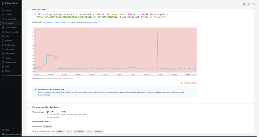 Screenshot mit Diagramm zu Schlüsseltransaktionen in New Relic, über das Alerts eingerichtet und Schlüsseltransaktionen in Dashboards aufgenommen werden können 