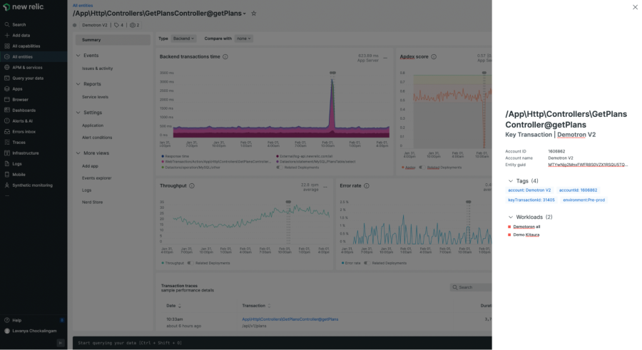 Screenshot of a key transaction example in New Relic with four tags associated with it