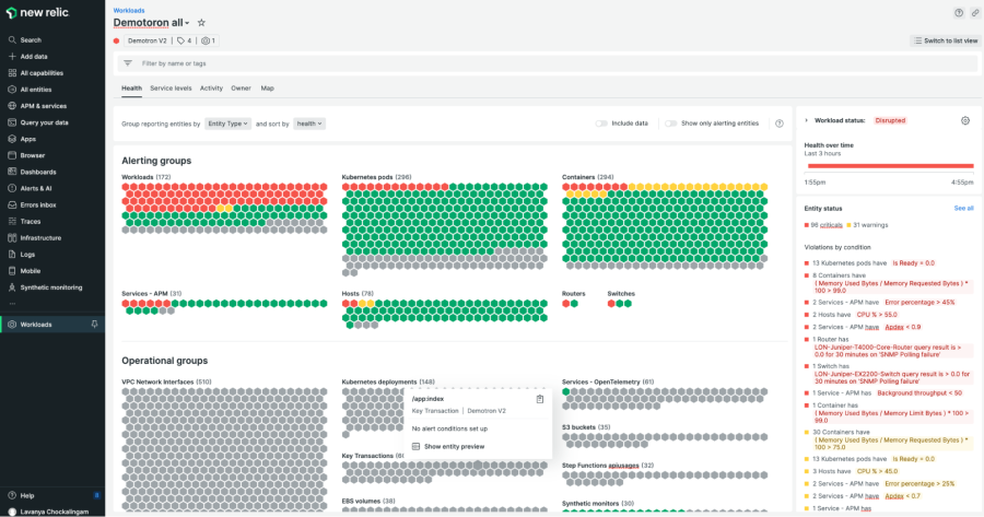 Capture d'écran d'une vue de workload dans New Relic d'un exemple de transaction clé avec toutes les autres entités connexes