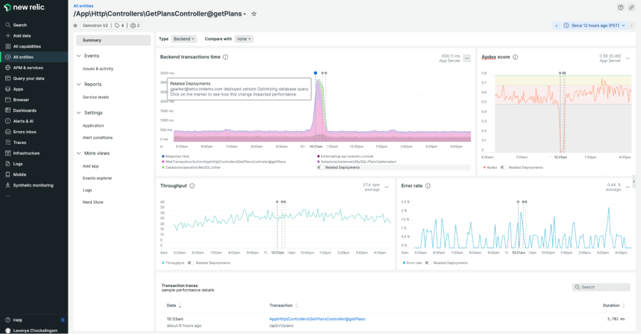 Screenshot mit Change Tracking Markern für Backend-Transaktionszeit für eine Schlüsseltransaktion in New Relic