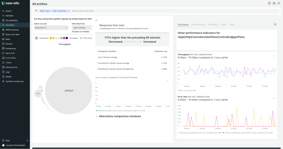 Capture d'écran de la vue détaillée d'une transaction clé dans New Relic Lookout