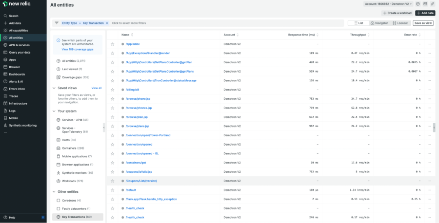 Capture d'écran de All entities > Key Transactions dans New Relic