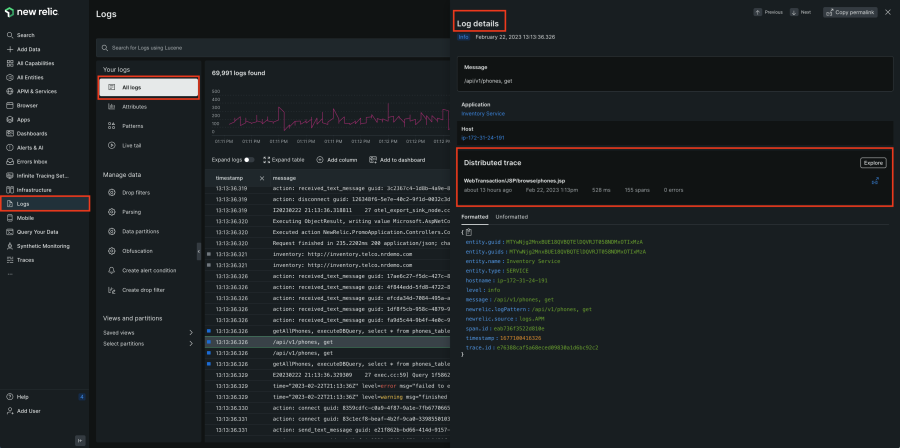 Capture d'écran de New Relic Logs>Log details>Distributed trace