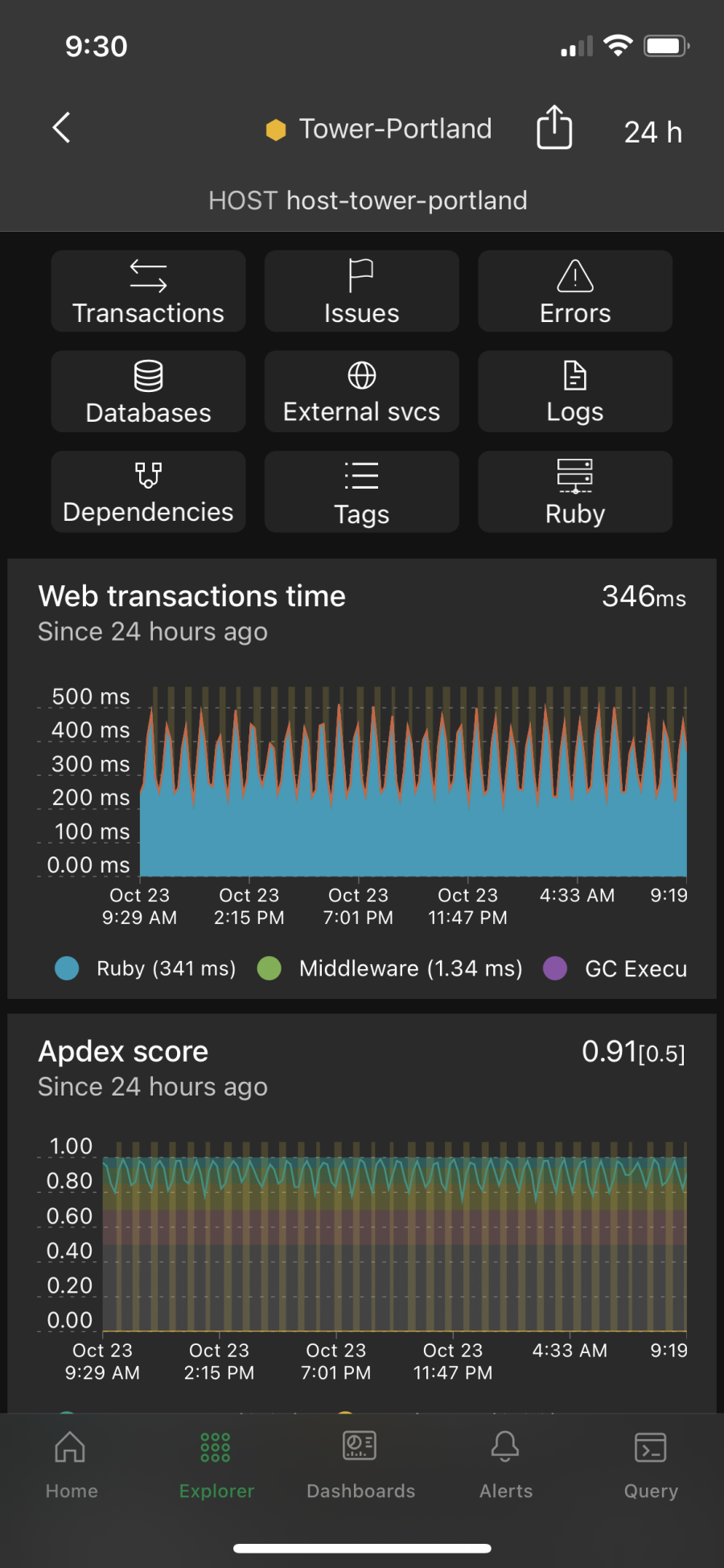 Screenshot of iOS New Relic app, APM dashboard