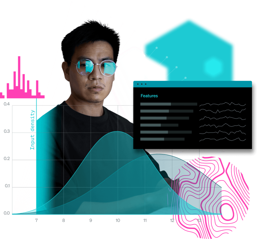 Man surrounded by data visualization design elements. 