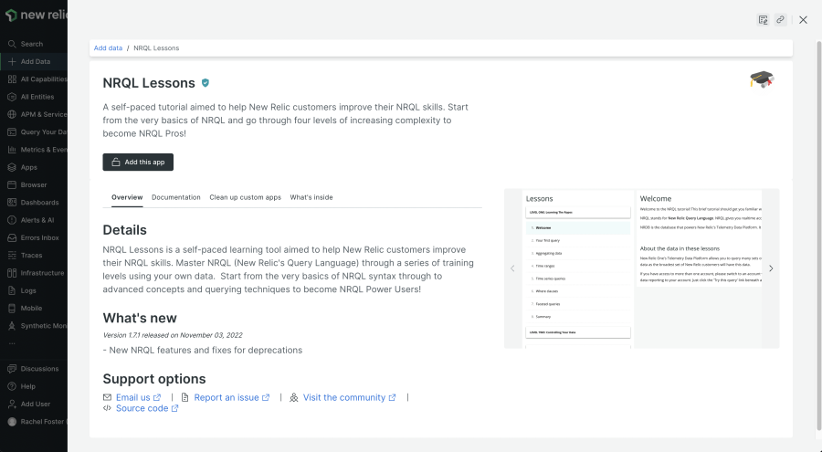 Screenshot of NRQL Lessons in New Relic