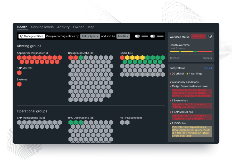 New Relic Explorer screen shows different types of alert groups with red color for issues, yellow for escalating, and green for no issues.
