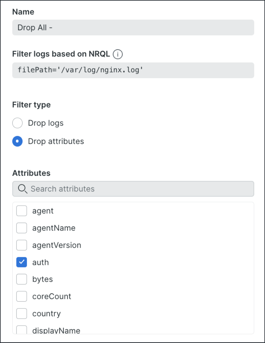 Menu for drop filter configuring