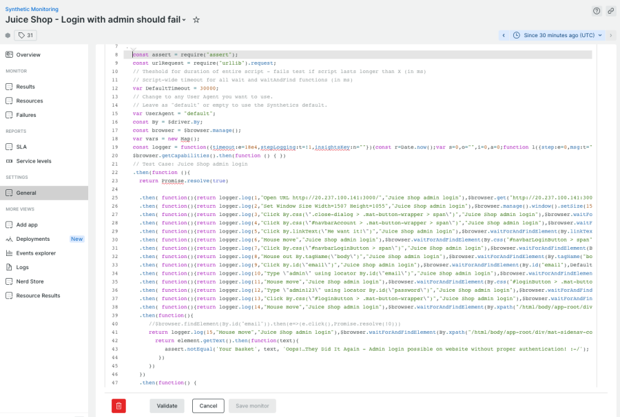 Logging in with an admin account using synthetic monitoring