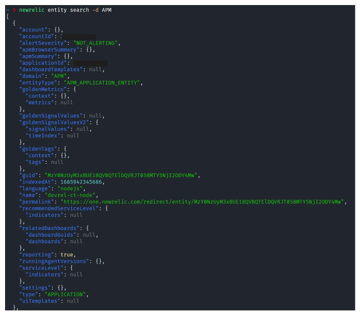 The result in the terminal of running: newrelic entity search -d APM