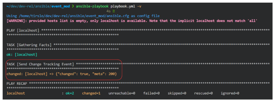 The result in the terminal from running: ansible-playbook playbook.yml -v