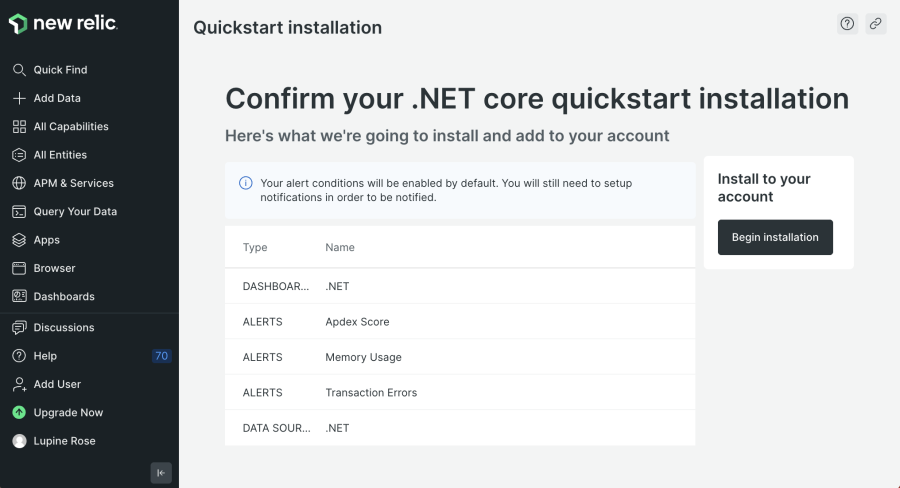 First page of the .NET Core quickstart in New Relic, confirming your installation plan.