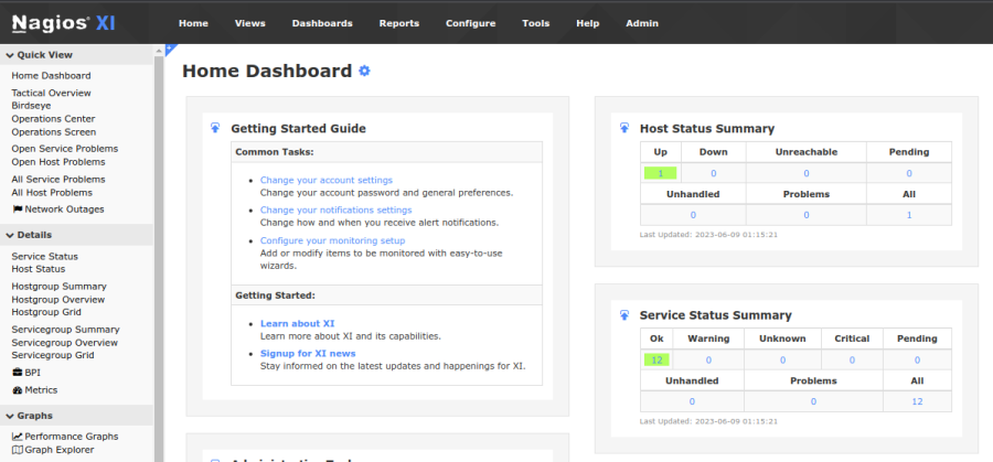 The basic dashboard you see when you first get Nagios up and running.