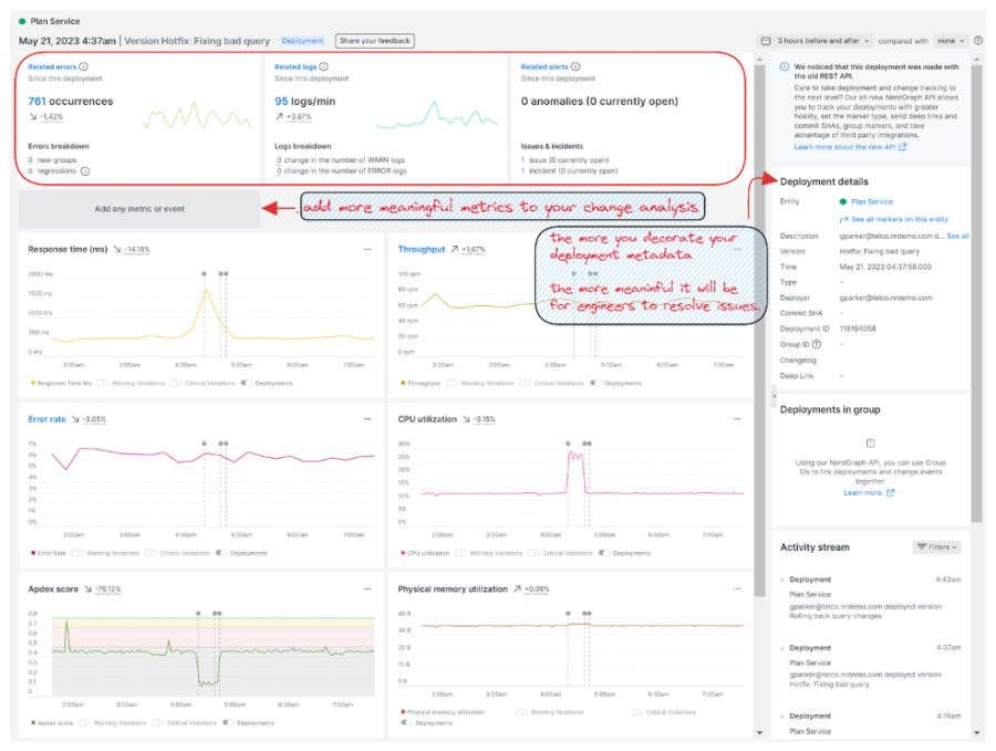 What the change analysis UI looks like in New Relic