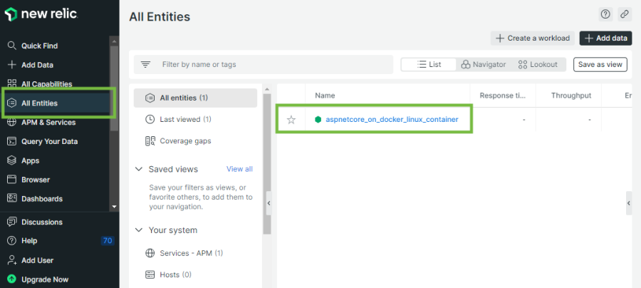 Select the All Entities and find your instrumented .NET Core application in the list.