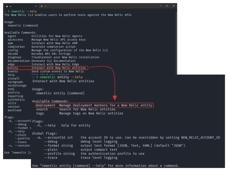 The newrelic-cli options in the terminal.