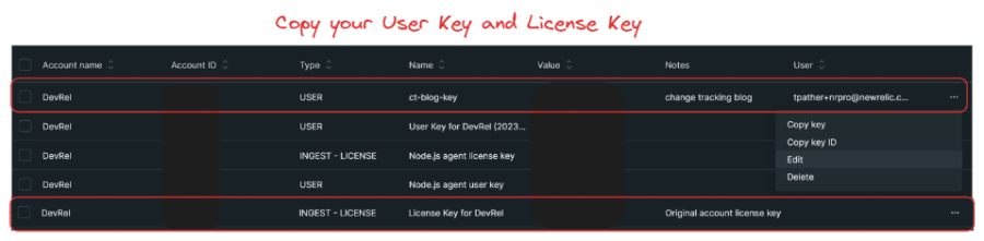 The user and license key that you need to copy in New Relic.
