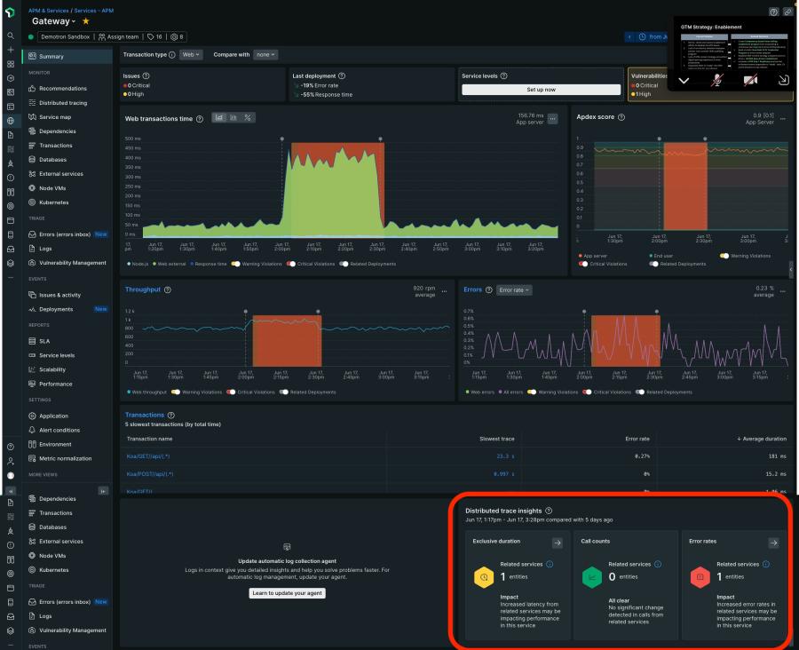 Screenshot of distributed trace insights in New Relic APM 360, showing the duration, call count, and error rates for related services.