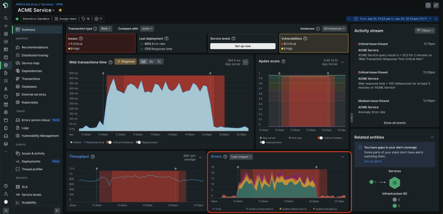 Screenshot of error user impact in New Relic APM 360, showing the errors that have the greatest effect on users of the application.