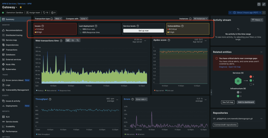 Captura de pantalla de los mosaicos de resumen de APM 360 que ilustran problemas, despliegues, niveles de servicio y vulnerabilidades para el servicio Gateway.