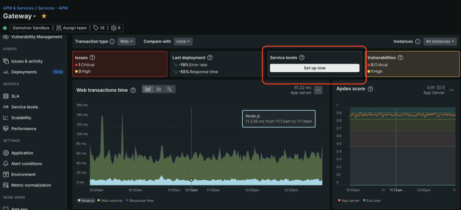 Screenshot of the service levels tile in New Relic APM 360, displayed when SLOs are missing for a service.