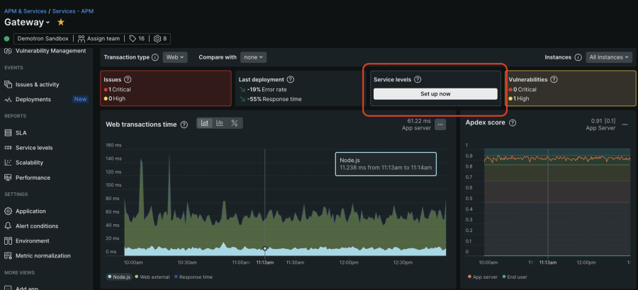 Captura de pantalla del mosaico de niveles de servicio en New Relic APM 360 que se muestra cuando faltan SLO para un servicio.