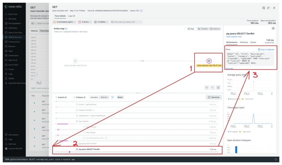 Screenshot of New Relic entity map for a trace, span details, and query for the HTTP call