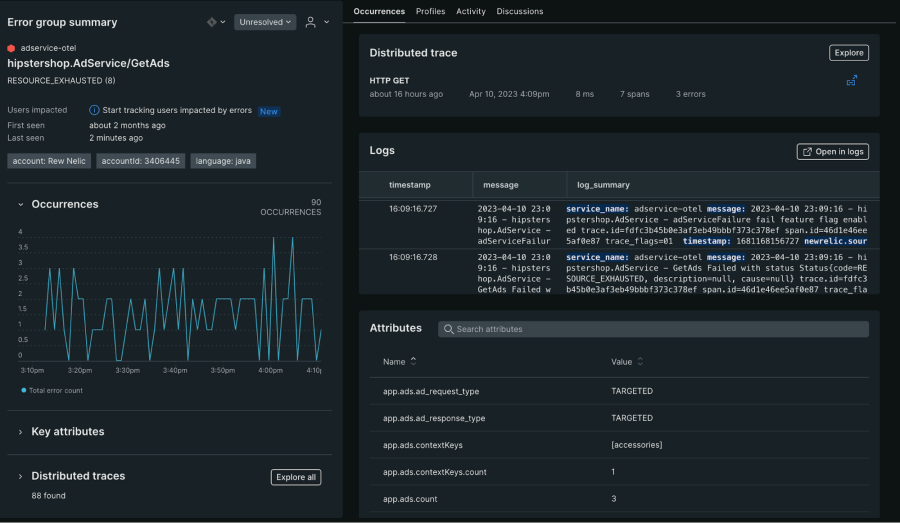 Screenshot of error group summary for an example service, where you can see several related log messages.