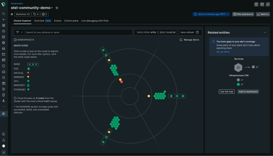 Screenshot of the Kubernetes cluster explorer in New Relic with an OpenTelemetry community demo example.