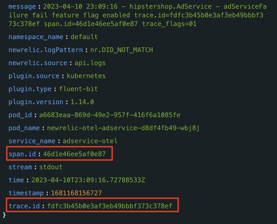 Screenshot of an example log event that includes trace.id and span.id attributes, which means you can correlate this log event with a specific trace.