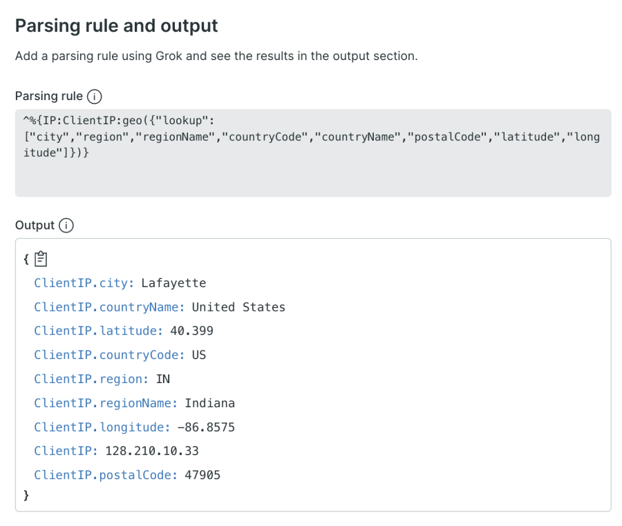 Screenshot of adding a parsing rule using New Relic Grok to see the results in the output section.