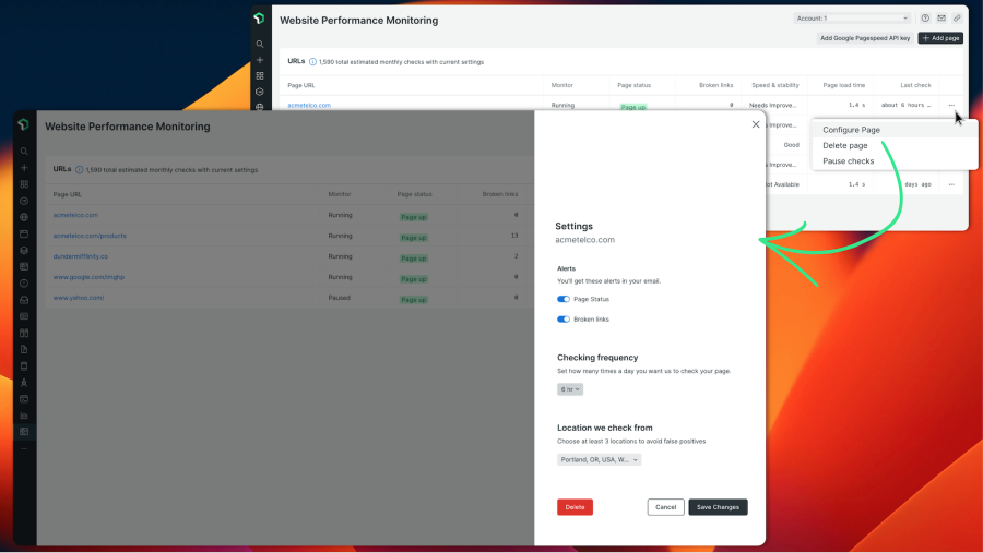 Captura de pantalla de la configuración de la página del monitoreo del rendimiento de sitios web, lo que incluye alertas para el estado de las páginas y los vínculos que no funcionan, cuántas veces al día se debe verificar una página y las ubicaciones desde donde se harán las pruebas.