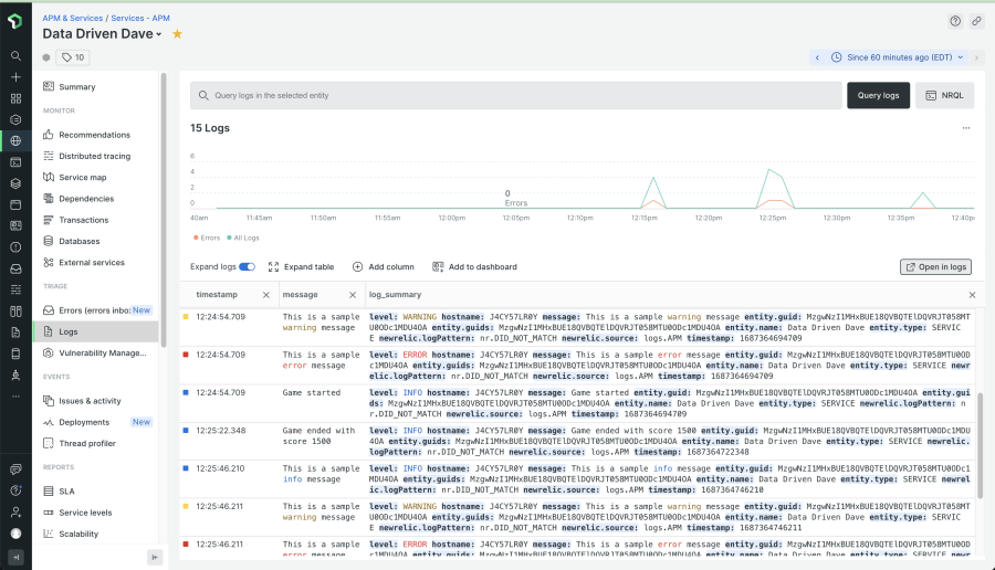 Data Driven Dave dashboard displaying APM logs