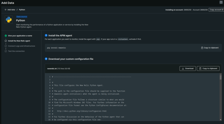 Python dashboard displaying the APM agent installation process