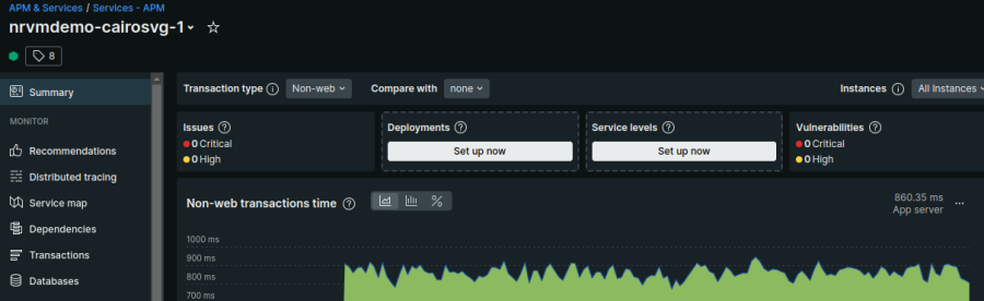 New Relic dashboard displaying no vulnerabilities 