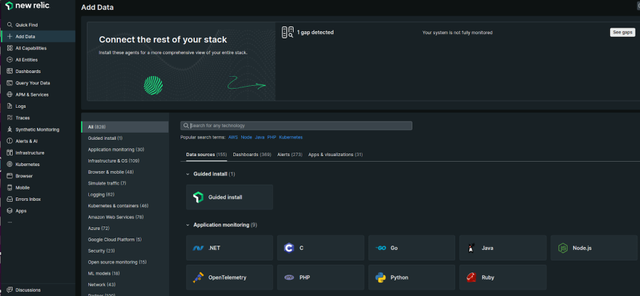 New Relic dashboard displaying guided install