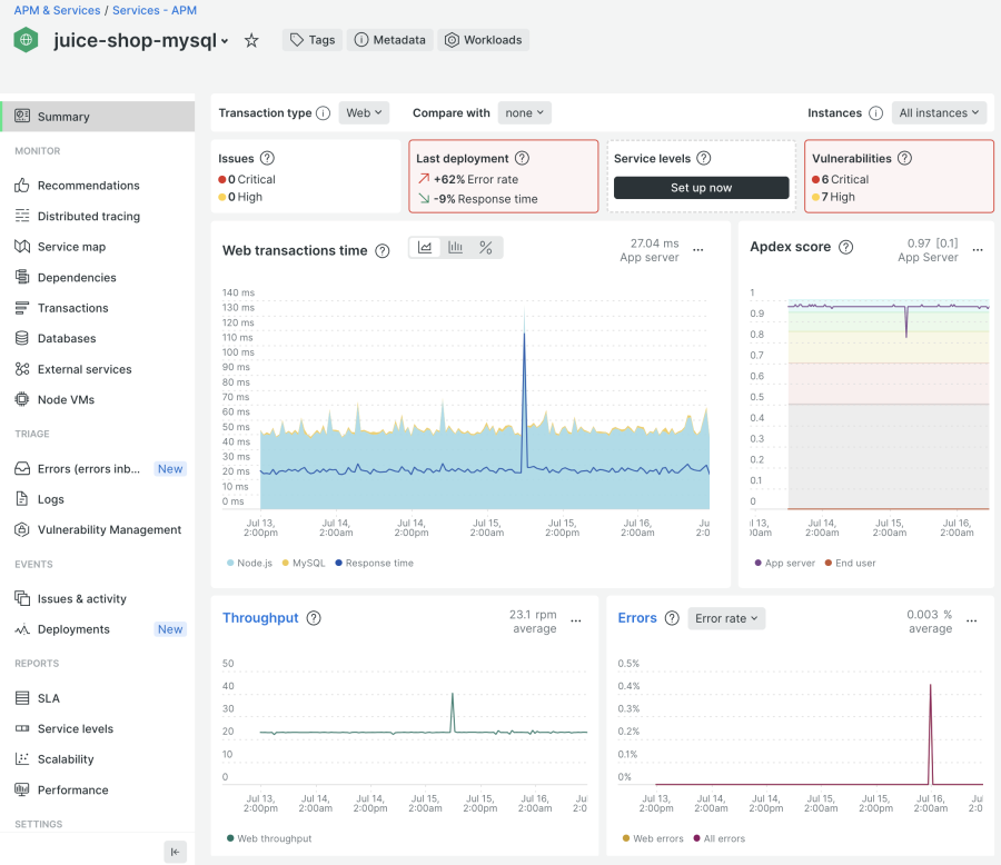 New Relic dashboard displaying summary for Juice Shop