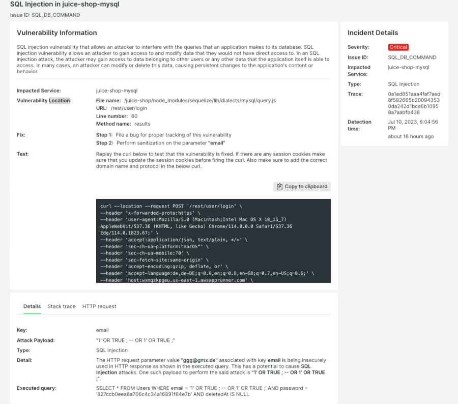 Instancias de inyección SQL que muestran la ubicación en el código donde se produce el problema