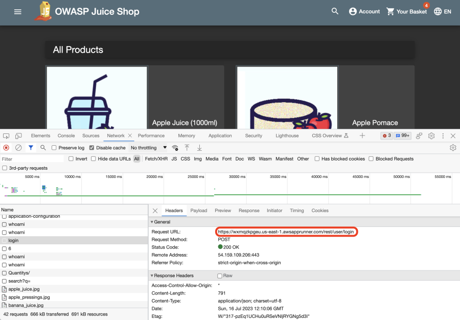 Juice Shop muestra la solicitud de inicio de sesión en el elemento inspect