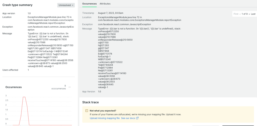 Crash report displaying crash summary