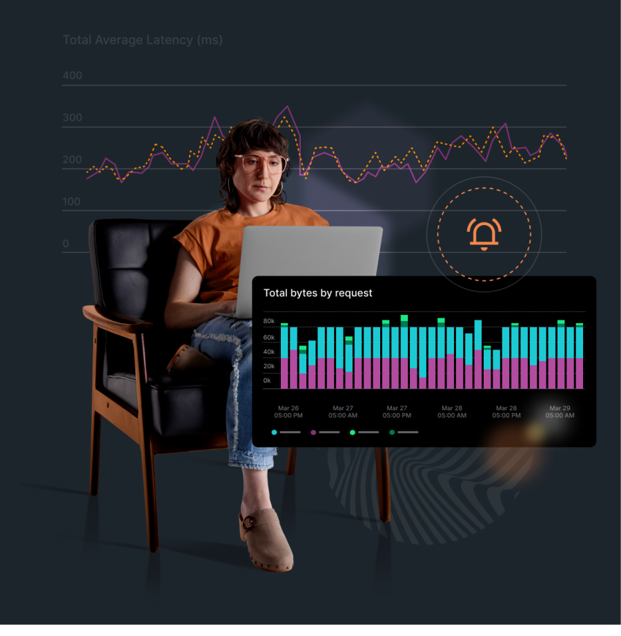 Individual sitting in a chair working on a laptop with layered graphics in the background and foreground