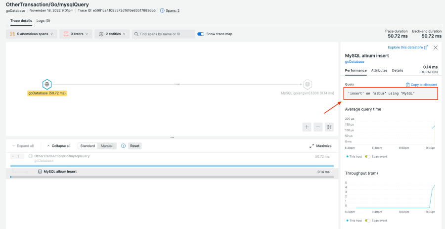 Datastore request with Distributed Tracing in New Relic