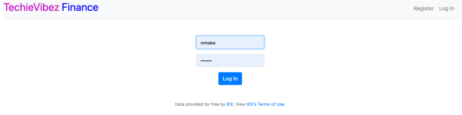 Die Anmeldeseite für die Anwendung TechieVibez Finance wird angezeigt.